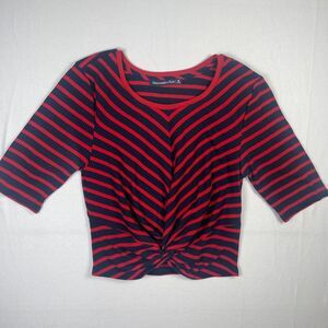 Abercrombie & Fitch Blouse Top Womens Medium Black Striped Knot Front 3/4 Sleeve